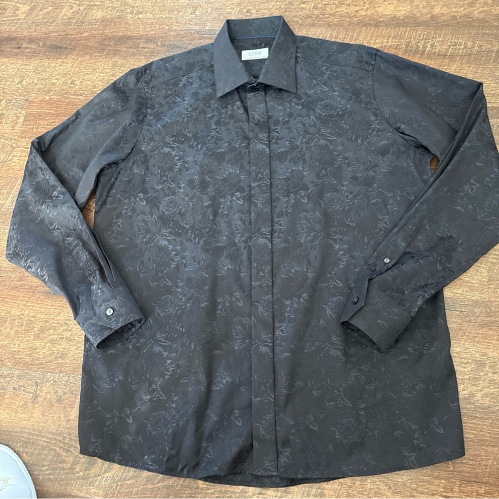 ETON Black Floral Dress Shirt Men 45 x 17 3/4 (2x) Contemporary 100% Cotton